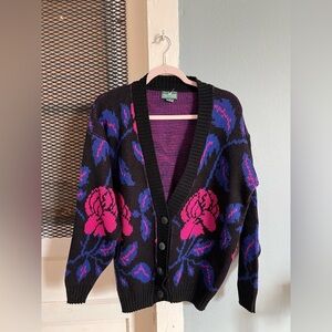 Cabin Creek Black Cardigan with Pink & Blue Knit Interior